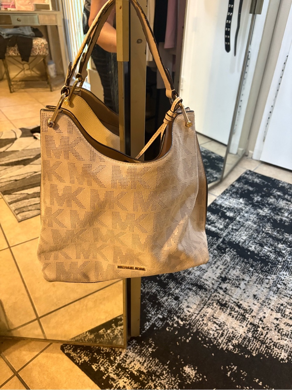 Michael Kors Perforated Logo Shoulder Hobo in Beige-Tan